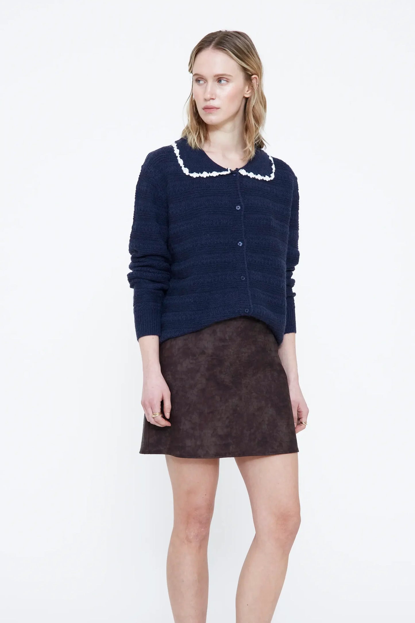 Cardigan maglia blu navy collo bavaglino