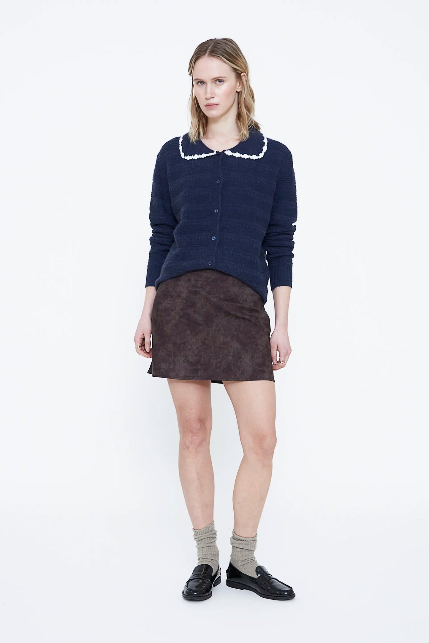 Cardigan maglia blu navy collo bavaglino