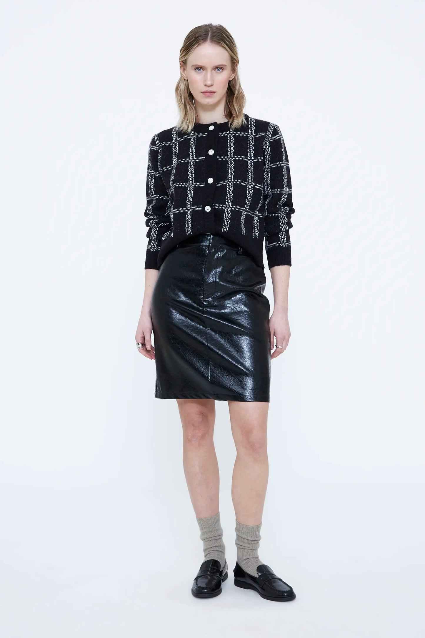 Cardigan con stampa a quadri bianco e nero