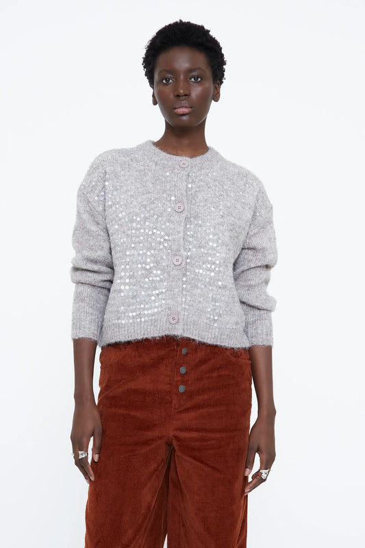 Cardigan in maglia taupe con paillettes