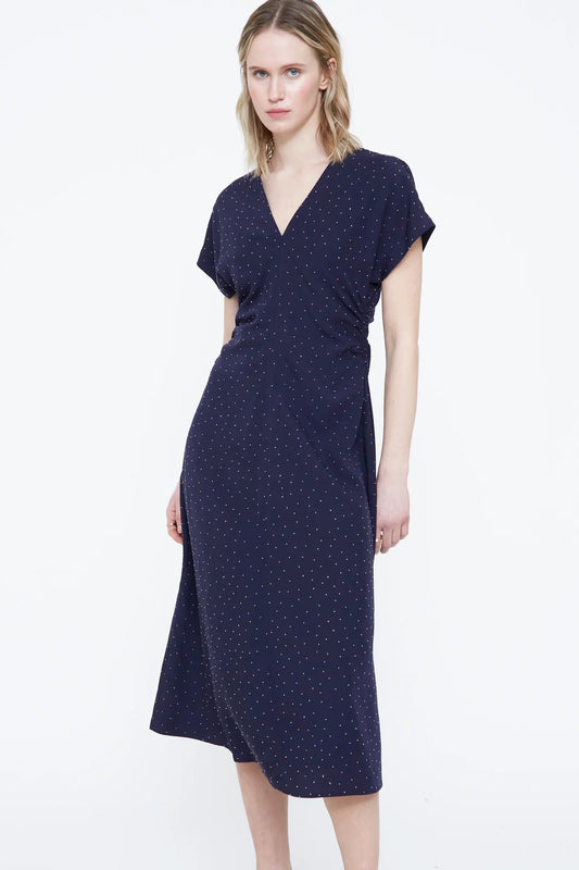 Abito midi blu navy con mini applicazioni argentate