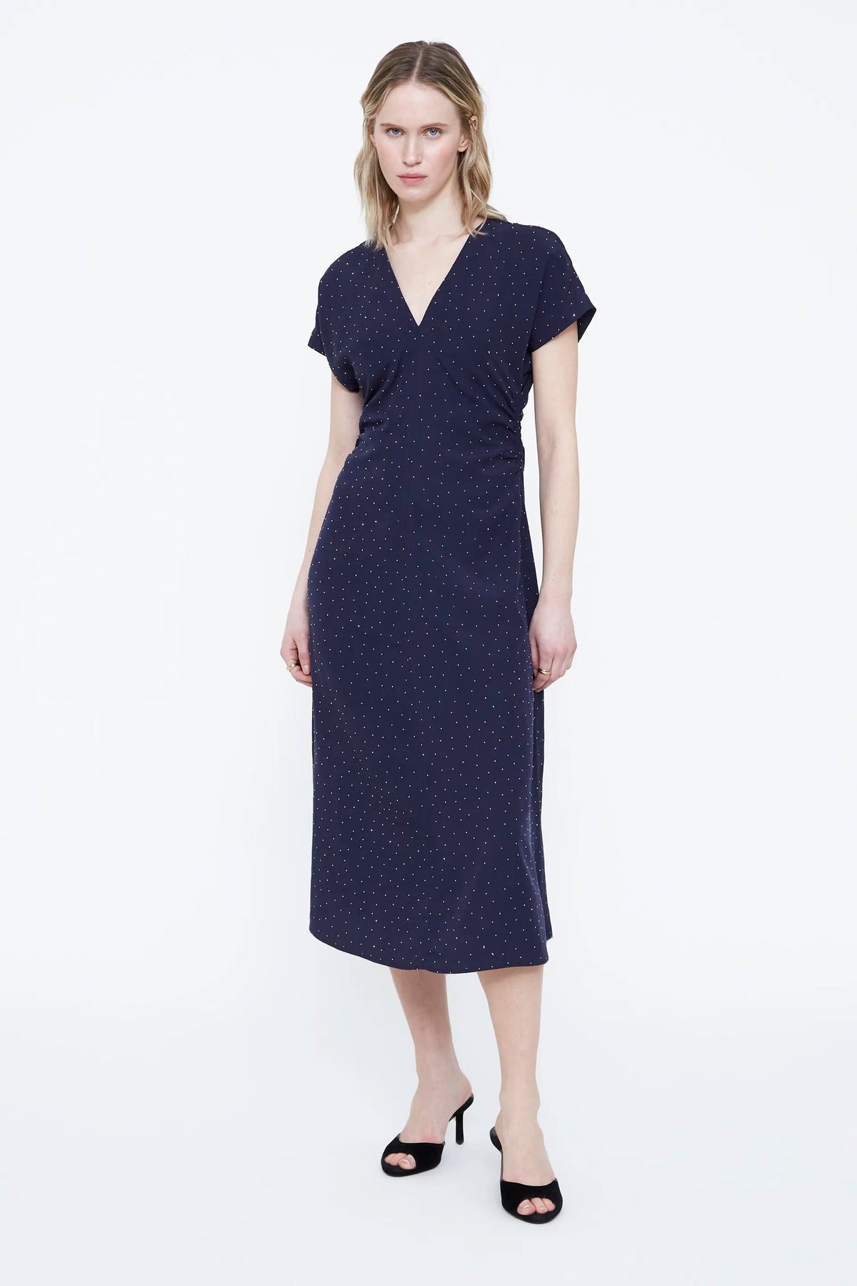 Abito midi blu navy con mini applicazioni argentate
