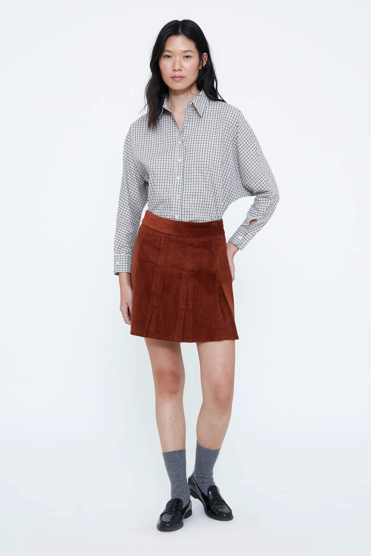 Camicia 100% cotone con stampa a quadri nero e marrone