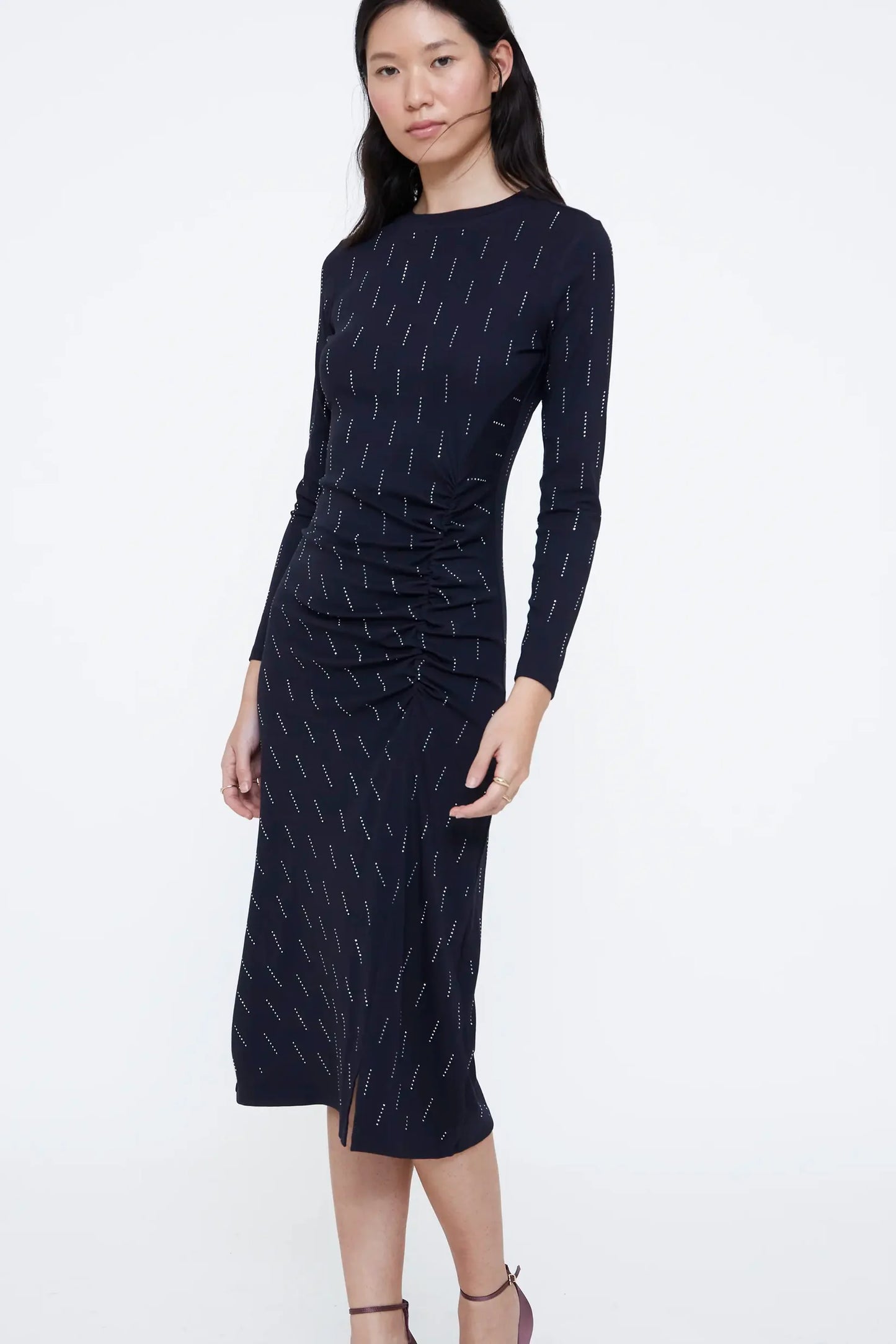 Abito midi blu navy con applicazioni bianche
