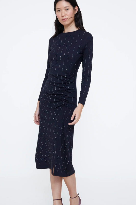 Abito midi blu navy con applicazioni bianche