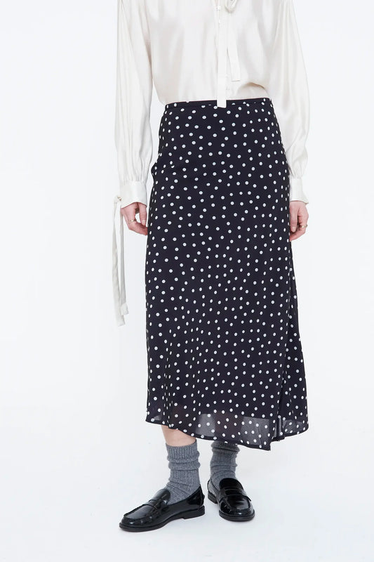Gonna midi con stampa a pois piccoli bianco e nero