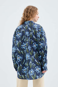 Camicia oversize in popeline con stampa floreale blu