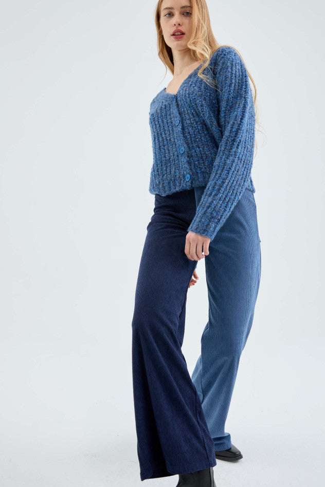 Pantaloni lunghi in velluto a coste a vita alta bicolore blu