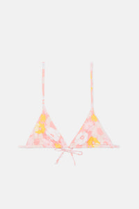 Parte superiore triangolare di un bikini con spalline e fantasia floreale