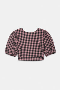 TOP CORTO CON STAMPA A QUADRETTI ROSA