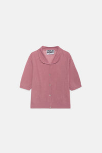 TOP ROSA IN MAGLIA APERTA CON COLLO A REVERS E BOTTONI