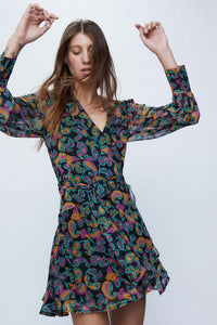 ABITO CORTO A PORTAFOGLIO CON STAMPA PAISLEY MULTICOLORE