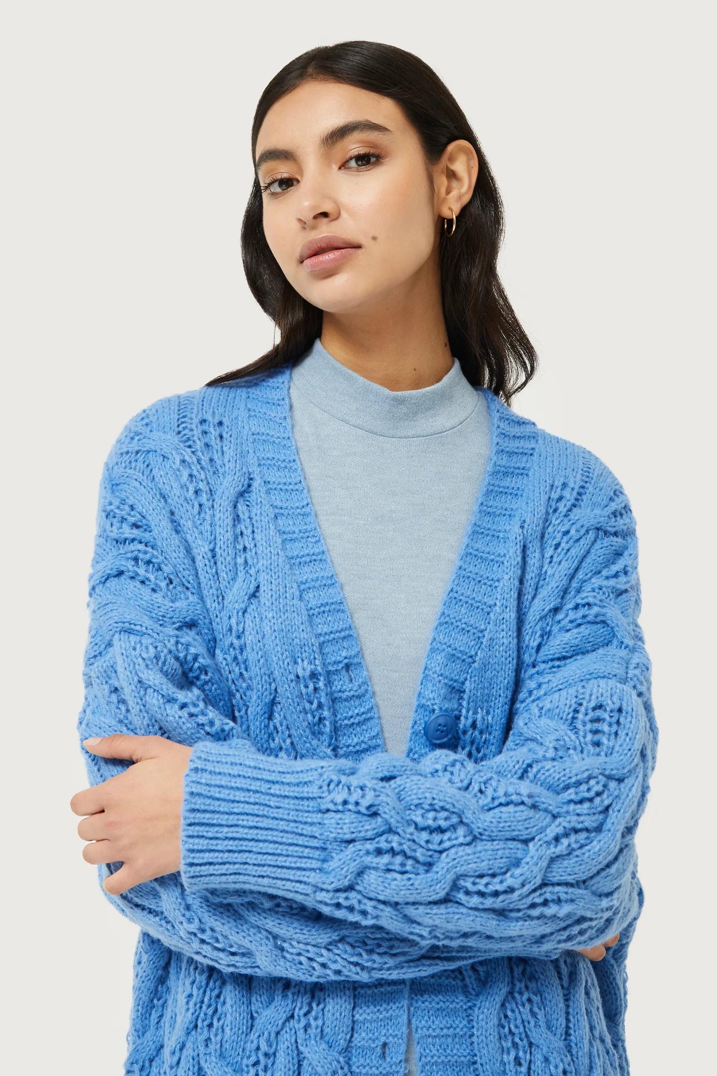 CARDIGAN LUNGO BLU IN MAGLIA A TRECCE