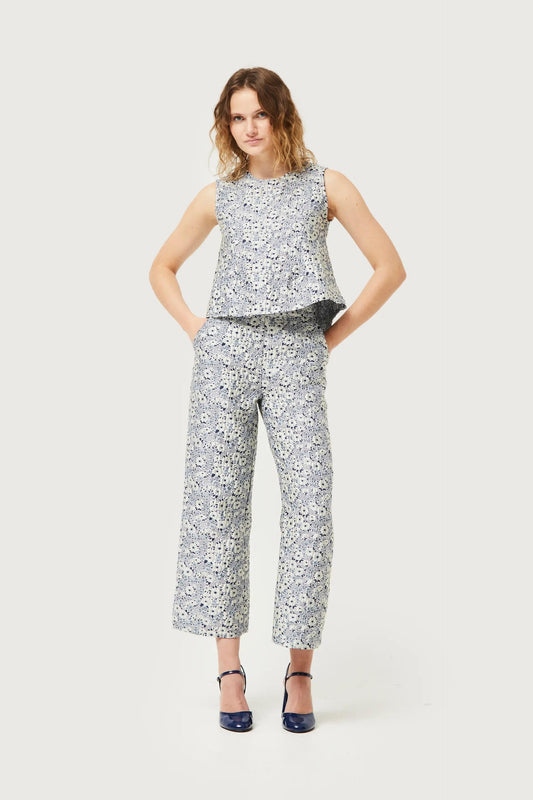 PANTALONE CON STAMPA FLOREALE BLU E BIANCA