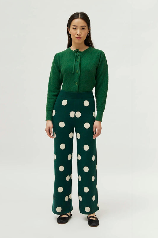 PANTALONE VERDE IN MAGLIA JACQUARD CON STAMPA A POIS BIANCHI