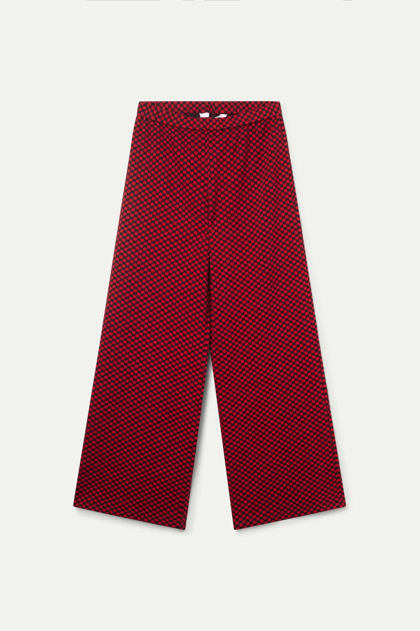 PANTALONE NERO A POIS ROSSI IN MAGLIA JACQUARD