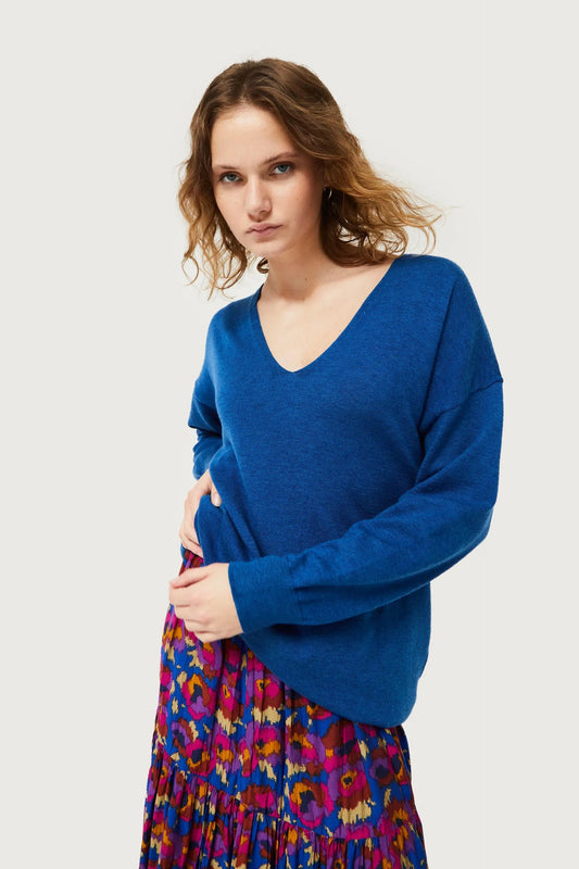 MAGLIONE BLU IN MAGLIA CON SCOLLO A V