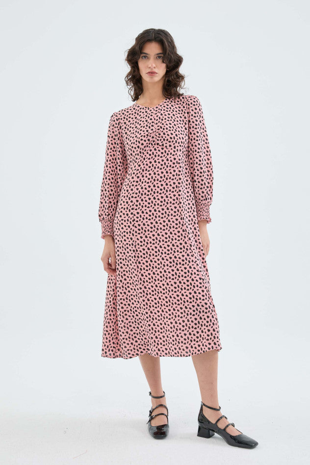 Vestito midi con maniche lunghe e stampa a pois rosa