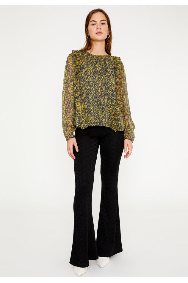 TOP IN CRÊPE GEORGETTE CON VOLANT E STAMPA MICRO POIS