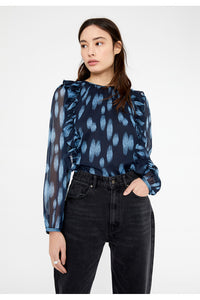 TOP IN CRÊPE GEORGETTE CON VOLANT E STAMPA A POIS BLU