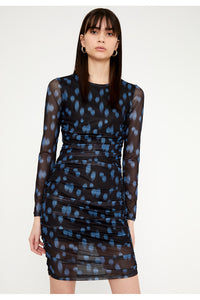 ABITO CORTO IN TULLE DRAPPEGGIATO CON STAMPA A POIS BLU