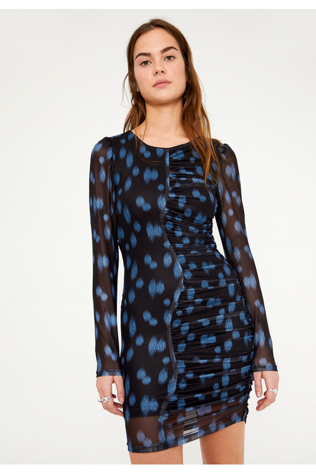 ABITO CORTO IN TULLE DRAPPEGGIATO CON STAMPA A POIS BLU