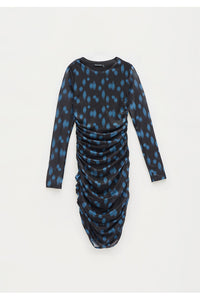 ABITO CORTO IN TULLE DRAPPEGGIATO CON STAMPA A POIS BLU