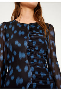 ABITO CORTO IN TULLE DRAPPEGGIATO CON STAMPA A POIS BLU